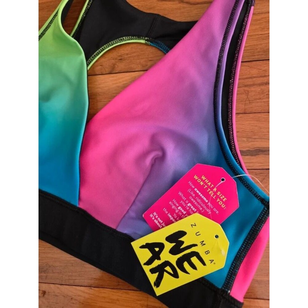 NWT Zumba Fitness WE AR Plunge V-Neck Sports Bra – Multicolor Ombre - Sz Large